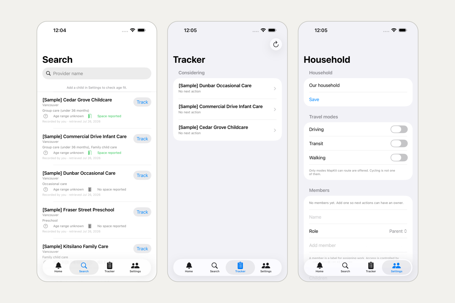 Childcare Buddy app preview showing provider search, the application tracker, and household settings.