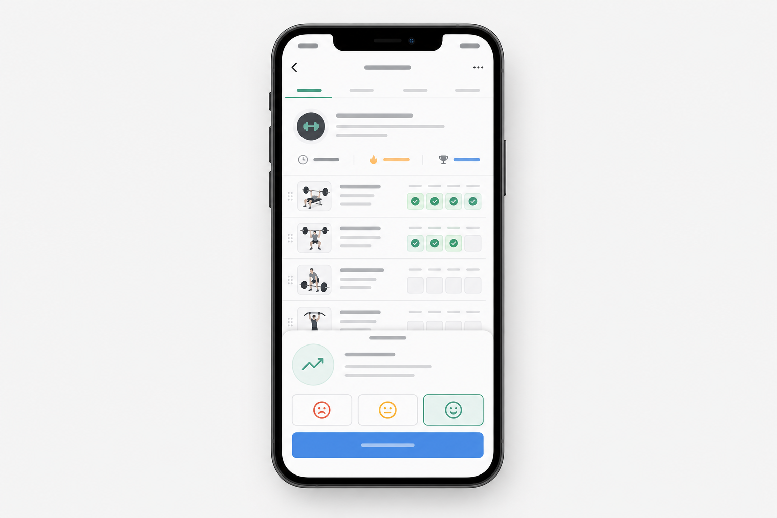 TrainReview app preview showing workout planning and post-workout review panels.